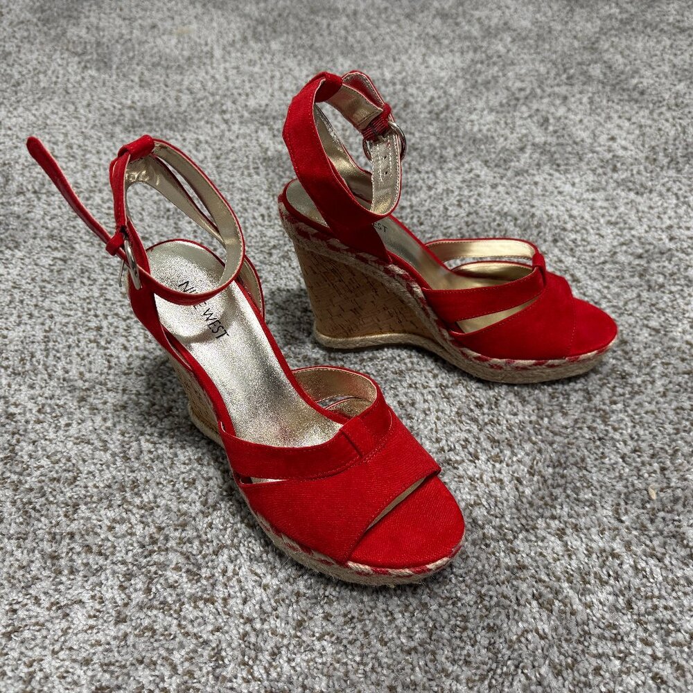 Nine West Cork Rope Red Suede Platform Wedge Ankle Strap Heels Sandals